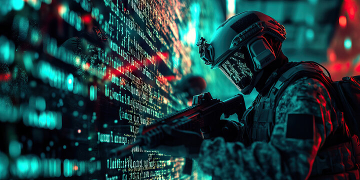 Digital Frontline: SWAT team members practicing cybersecurity drills amidst a chaotic background of code and error messages.