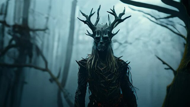 Nightmare creature with antlers in forest
