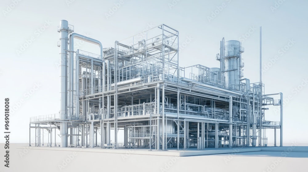 Poster 3d rendering of a structure with construction elements and piping systems