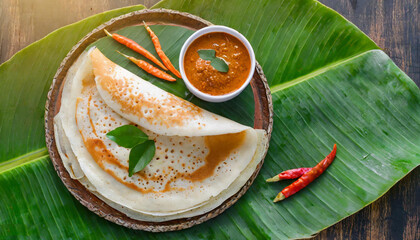 Delicious south indian special dosa and chatni served on banana leaf 