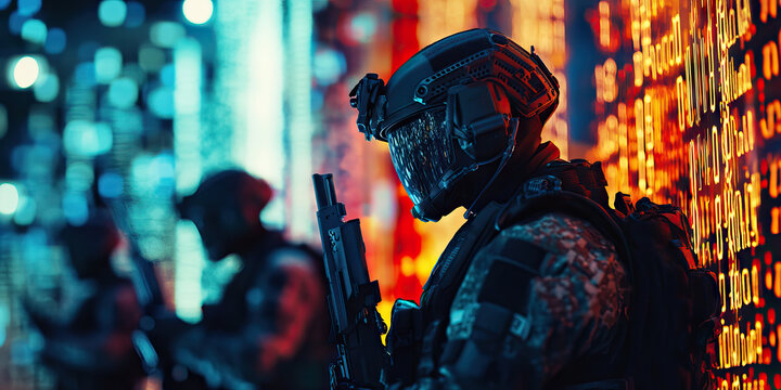 Digital Frontline: SWAT team members practicing cybersecurity drills amidst a chaotic background of code and error messages.
