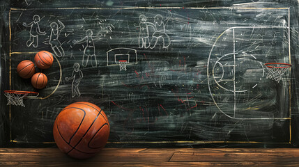 Basketball game strategy diagram on a blackboard background.