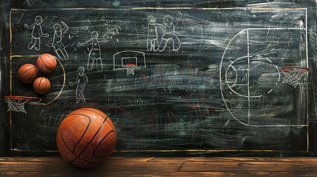 Basketball game strategy diagram on a blackboard background.