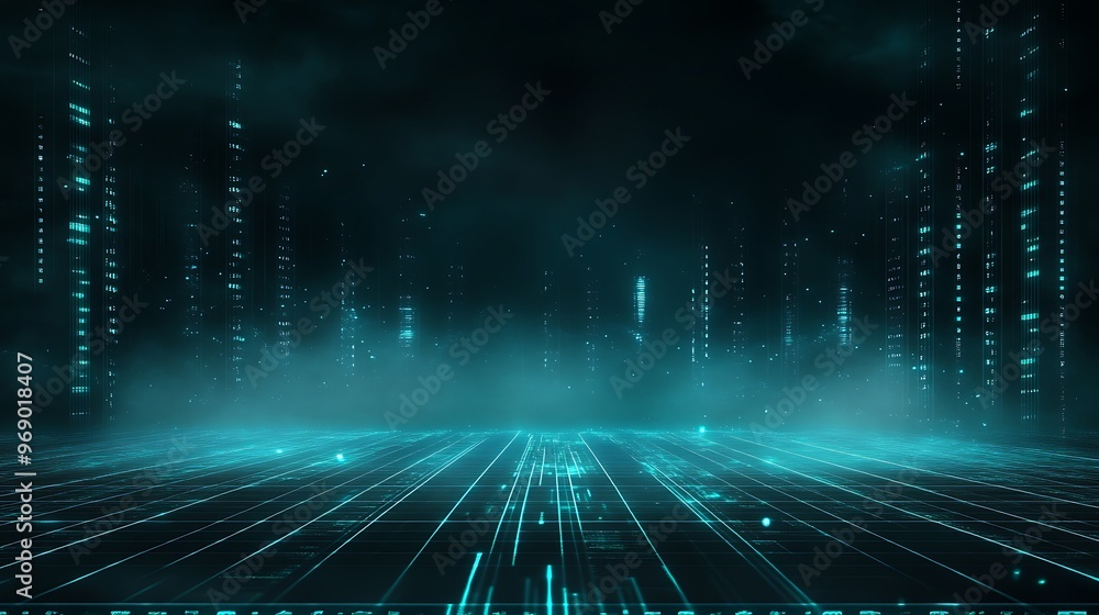 Poster futuristic digital landscape with glowing lines and data streams in a dark environment, perfect for 