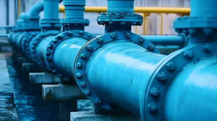 A blue pipe with a black handle is shown. The pipe is part of a large industrial facility