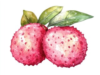 Hand drawn watercolor illustration of a lychee fruit in a 2D cartoon style