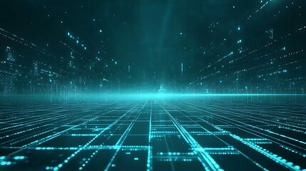 Fototapeta premium Futuristic digital landscape with glowing lines and data, creating a sense of depth and technology in a virtual space.