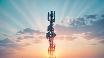 Communication tower illuminated by sunrise with radiant sky