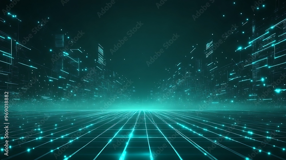 Poster futuristic digital landscape with glowing lines and grids, representing advanced technology and virt