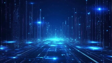 Futuristic digital landscape with glowing lines and light particles creating a mesmerizing 3D depth effect.