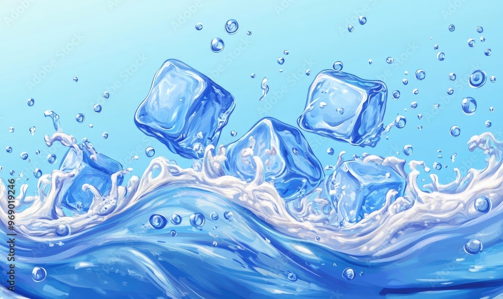 Poster ice cubes splashing into a clear blue wave with bubbles featuring a realistic water effect depicted 