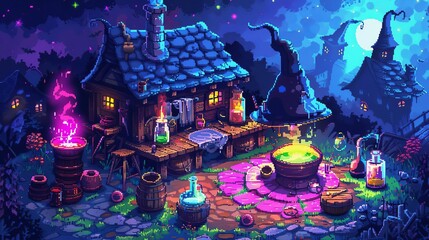 Fototapeta premium 8bit witch, brewing potion, pixel art style, vibrant colors, isometric perspective, detailed pixels, magical setting, nostalgic charm