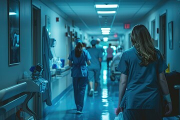 Medical Professionals in Hospital Hallway Featuring Busy Nurses at Work
