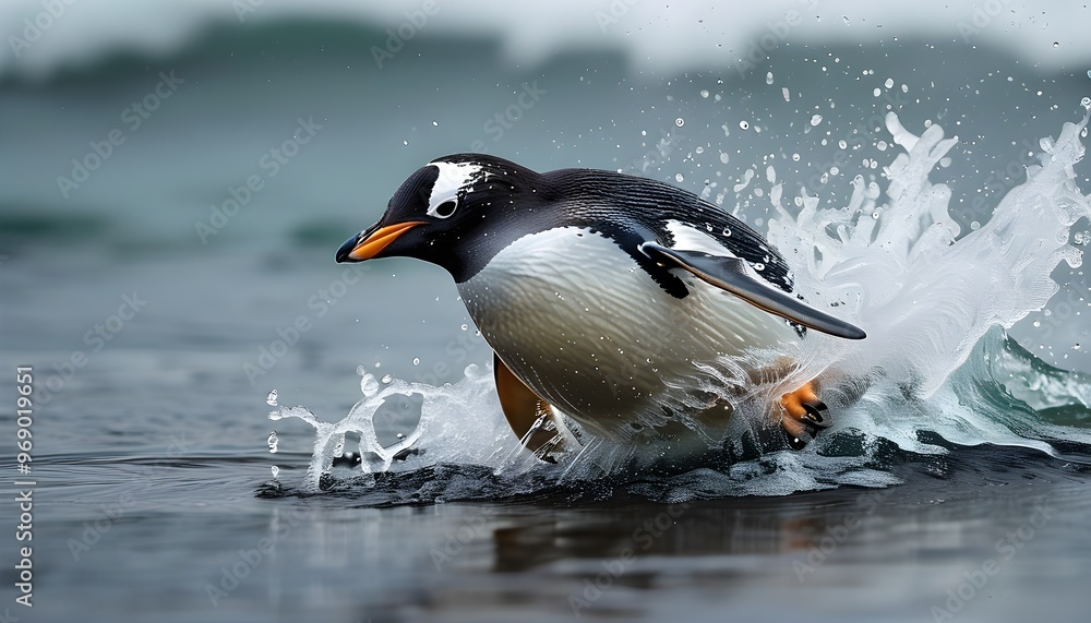 Wall mural gentoo penguin diving and splashing in crystal-clear blue water