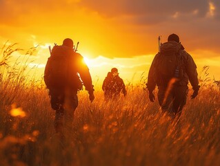 Three soldiers walk through tall grass at sunset, framed by a vibrant orange sky, depicting military life and perseverance.