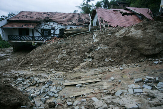 Houses are seen damaged after a big flood and mudslide caused by heavy rains in Santa Catarina state, Brazil.
