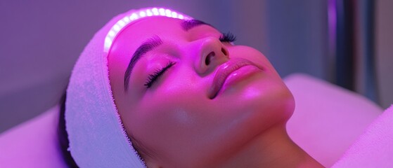 A woman is laying down with a pink light on her face