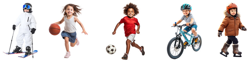 Fototapeta premium Active kids enjoying various sports png cut out element set