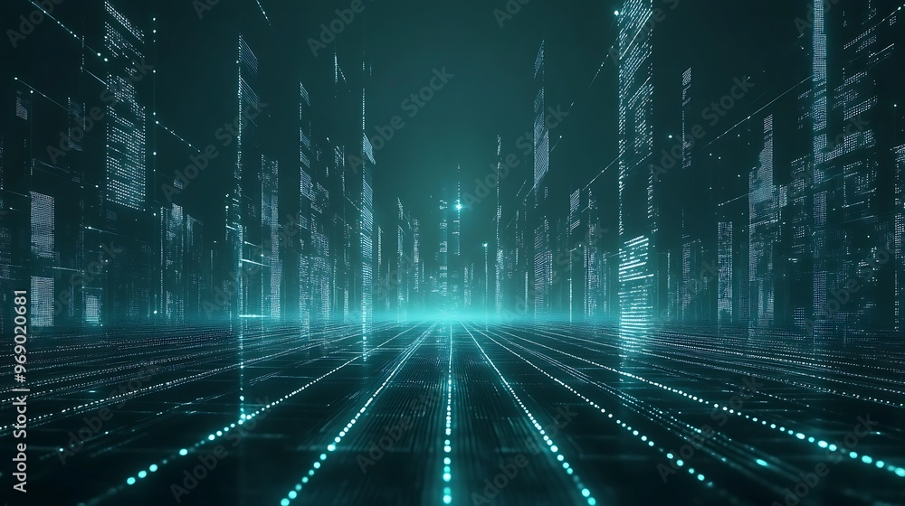Poster futuristic digital landscape with glowing lines and towering data structures, ideal for technology a