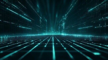 Fototapeta premium Futuristic digital landscape with glowing lines, representing data flow and technology advancement in a virtual space.