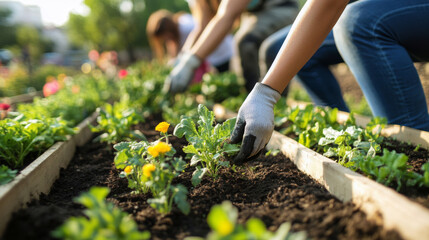 Community garden project promoting sustainability, volunteers planting vegetables and flowers in raised beds