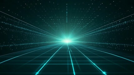 Futuristic digital landscape with radiant light, glowing grid, and cosmic elements inviting exploration and innovation.