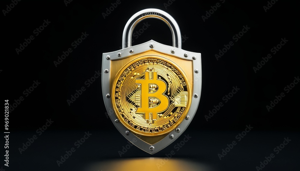 Poster a metallic shield featuring the bitcoin symbol, representing the concepts of protection, security, a