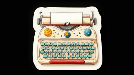 vintage typewriter illustration featuring colorful planets, perfect for creative writing and artistic projects.
