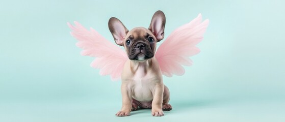 A cute little dog with pink wings on its head
