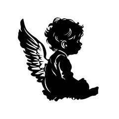 Fototapeta premium A silhouette of Christmas baby angel is sitting on the ground with its arms crossed. Vector illustration isolated on white background.