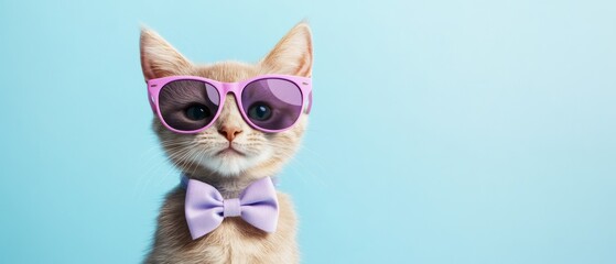 A cat wearing sunglasses and a purple bow tie