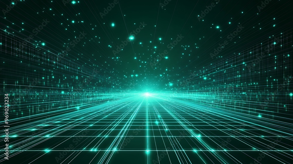 Poster futuristic neon green grid with glowing particles, creating a sense of depth and technology in a dig