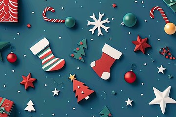 Obraz premium Merry Christmas modern set of cards elements greeting text lettering blue background