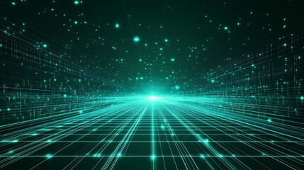 Fototapeta premium Futuristic neon green grid with glowing particles, creating a sense of depth and technology in a digital landscape.