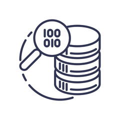 Magnifying glass examining binary code over a stack of databases, symbolizing data mining and analysis.