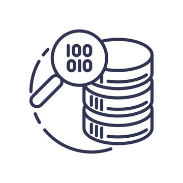 Magnifying glass examining binary code over a stack of databases, symbolizing data mining and analysis.