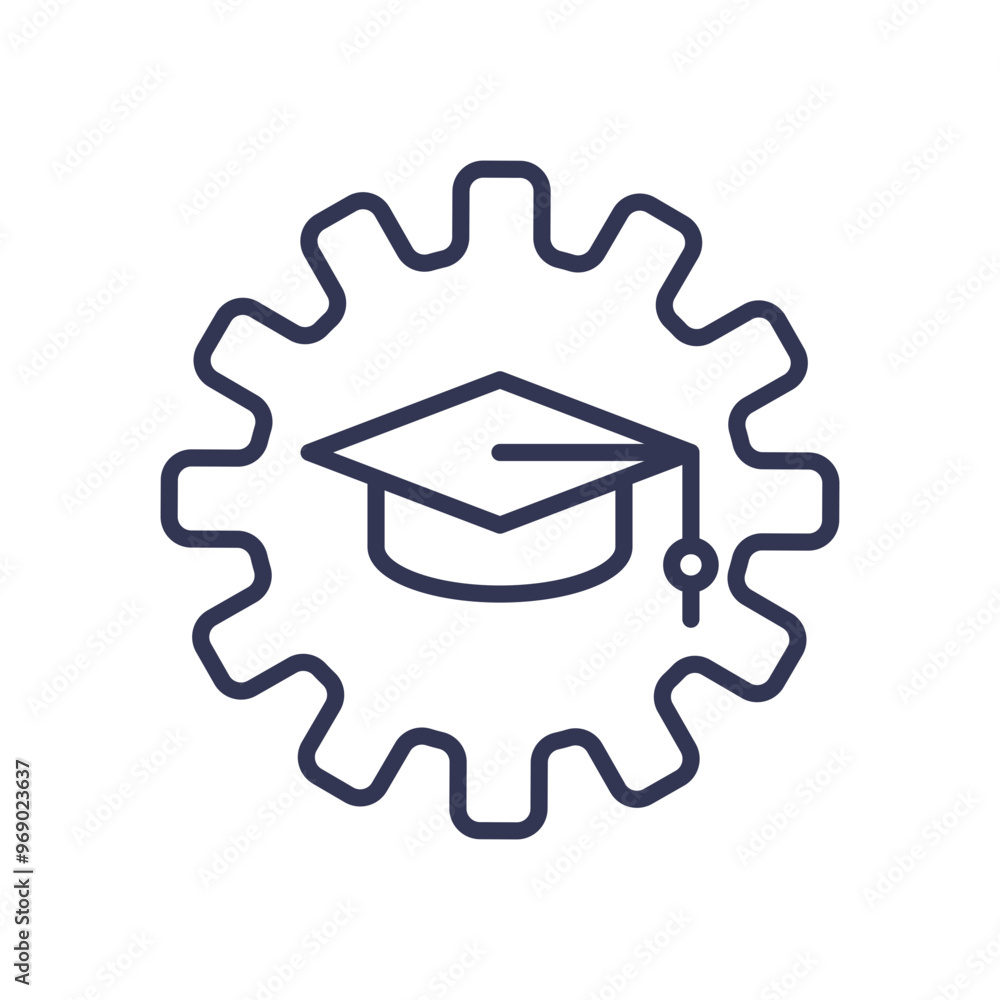 Poster a graduation cap inside a gear symbolizing the integration of education and practical application.