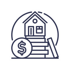 Illustration of a house with a dollar sign and stacked coins, symbolizing real estate investment and financial growth.