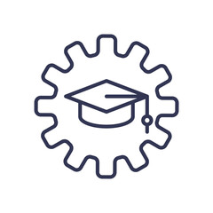 A graduation cap inside a gear symbolizing the integration of education and practical application.