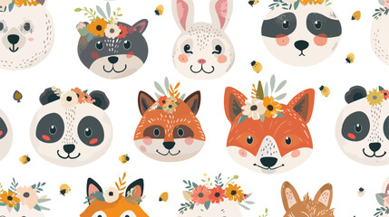 Adorable Animal Heads with Flower Crowns Seamless Vector Pattern