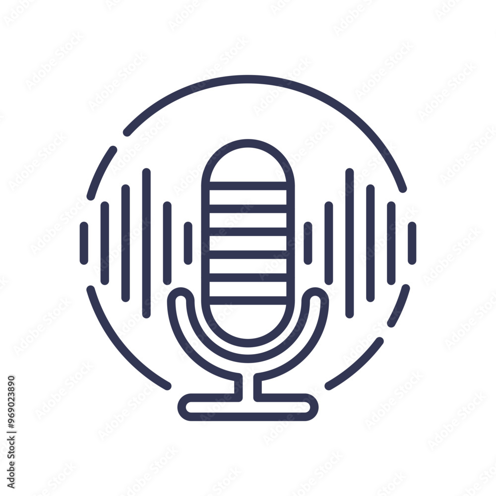 Poster line art of a microphone with sound waves, symbolizing voice recording and broadcasting.