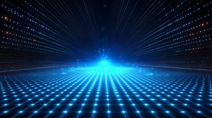 Radiant blue light beams create a futuristic digital landscape with vibrant dots, evoking a sense of depth and technology.
