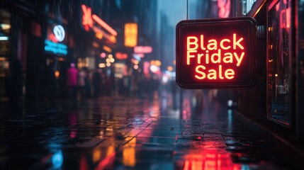 A Captivating Neon-Lit City Street Scene for Black Friday Promotions and Events, Ideal for Marketing Campaigns