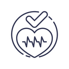 Heart with ECG line and check mark symbolizing cardiovascular health and wellness.