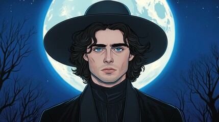 A Gothic figure in a wide hat stands against a full moon, dressed in black with striking blue eyes.