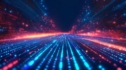 Obraz premium Stunning abstract image of vibrant light trails in blue and red, creating a sense of speed and motion in a digital landscape.