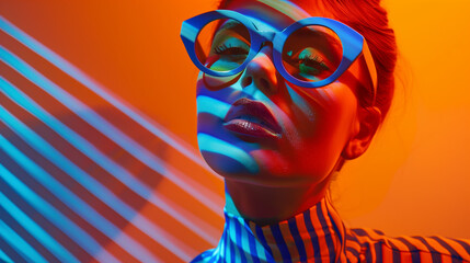 Fashion retro futuristic girl on background with future extravagant or pop art background. Surrealistic 60s-70s disco club culture life style