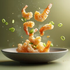 240807 09. An epic stylized advertise photo of shrimp tempura bursting energetically from a ceramic plate, along with green onion slices floating up, set against a matte olive background