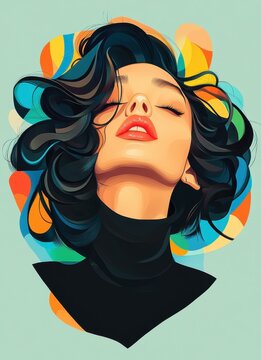 recommend clip art: A vibrant digital portrait of a darkhaired woman, exuding youth and energy, resembling editorial illustrations.