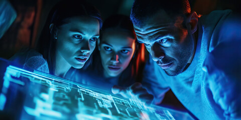 Matrix Moment: A group of coworkers gather around a holographic display, deep in discussion.